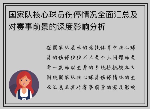 国家队核心球员伤停情况全面汇总及对赛事前景的深度影响分析
