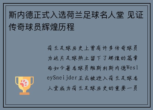 斯内德正式入选荷兰足球名人堂 见证传奇球员辉煌历程 斯内德正式入选荷兰足球名人堂 见证传奇球员辉煌历程