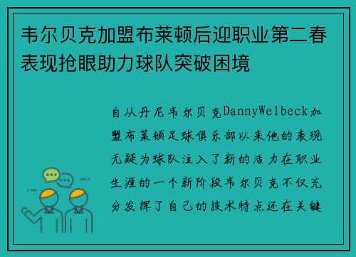韦尔贝克加盟布莱顿后迎职业第二春表现抢眼助力球队突破困境